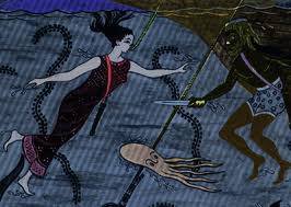 Scilys y Cyana cortando las amarras de un barco persa, según un grabado de la época